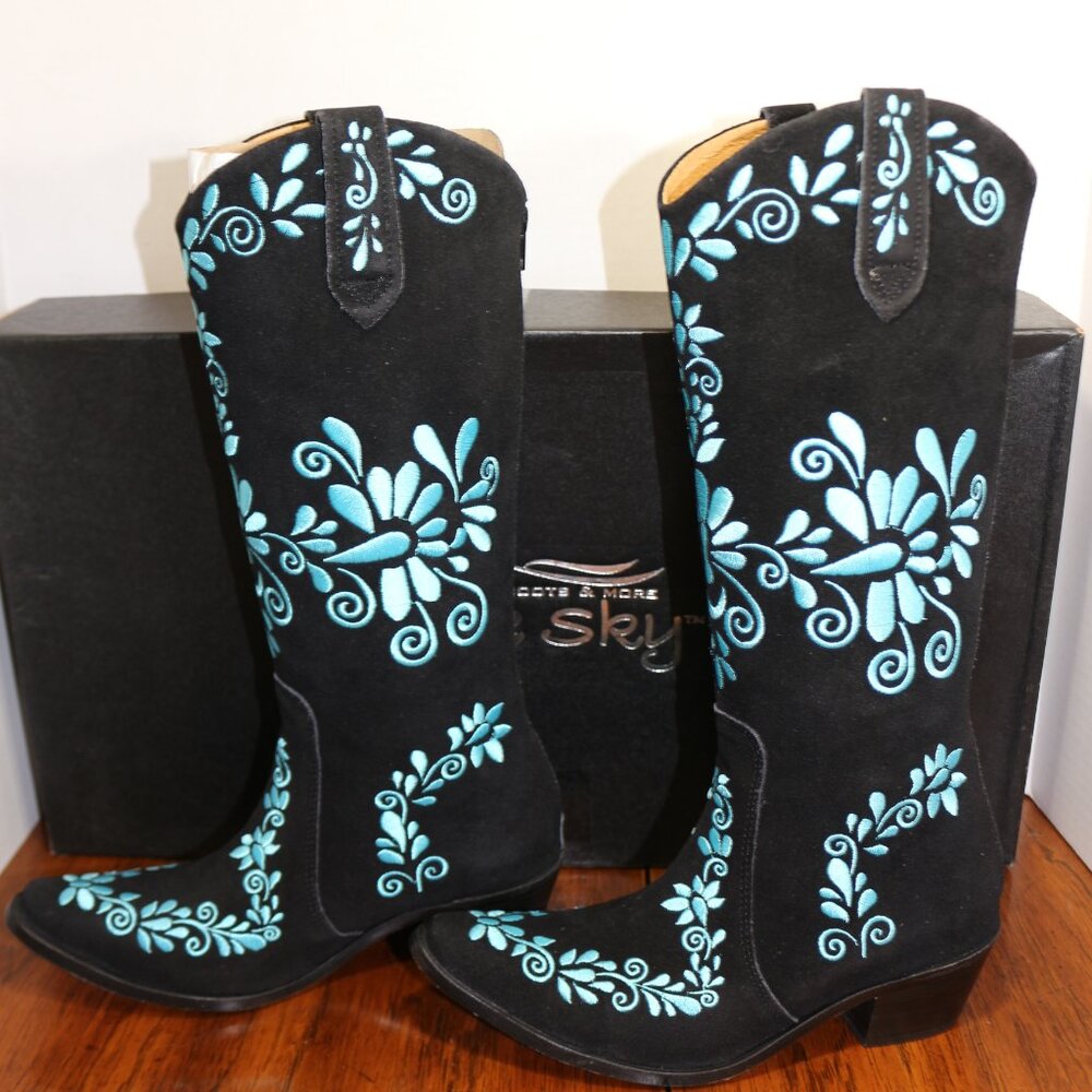 New Agave Sky Charro Black Suede Turquoise Embroidered Women’s Boots